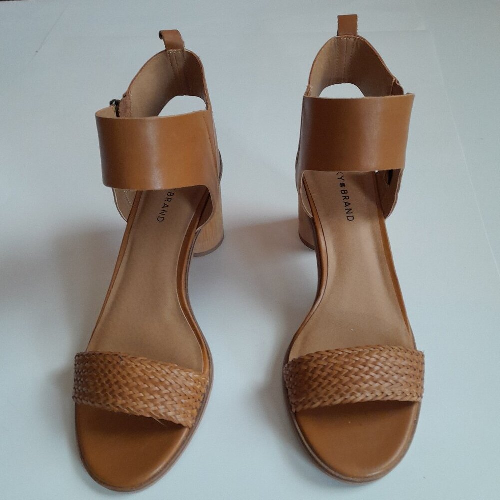 Lucky Brand Women’s Tan Sandal Pomee Heeled Ankle Strap Side Zip Size10M